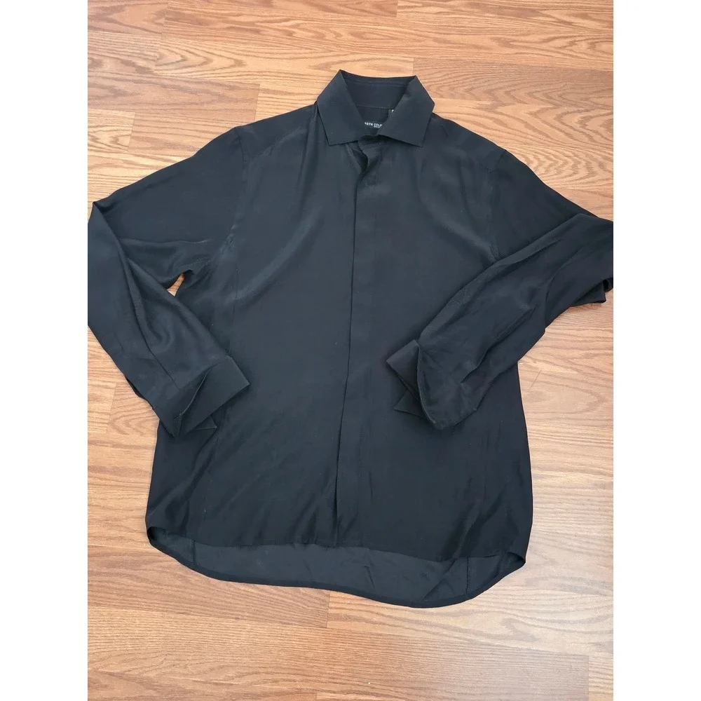 Kenneth Cole‎ New York Mens Silk Cotton Blend Dress Shirt Black Hidden Button M